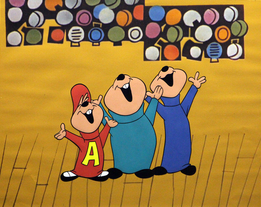 Studios: Bagdasarian Film Corporation and Format Films; Director: Hal Ambro; Producer: Jules Engel; Animators: Hal Ambro, Roy Abel, Doris Collins, and Frank Braxton, The Alvin Show, Good Neighbor, Alvin, Simon, and Theodore Original Animation Cel and Replica Background, 1961, vinyl paint and ink on celluloid, photocopy background, 13 in. x 16 in.