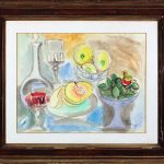 still life of food on a table, grapes, a sliced open peach, and lemons in seperate bowls