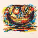 still life of a colorful bowl of various fruit with bright primary colors zig zagging