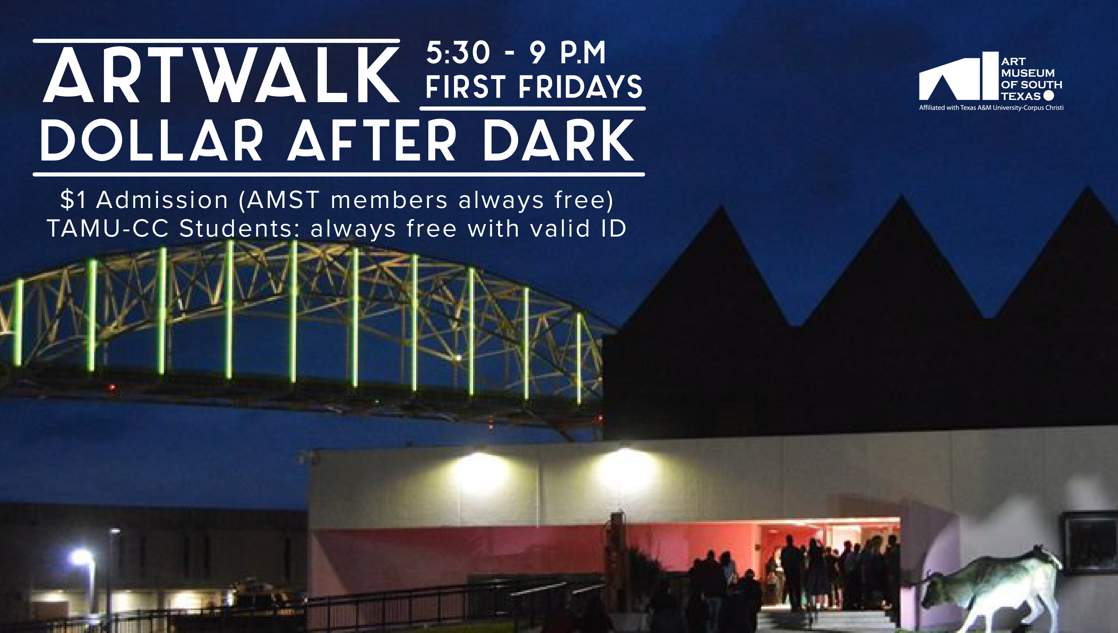 The Art Museum is open 5:30 - 9 p.m. for Dollar After Dark as part of the Marina Art District's ARTWALK. Enjoy reduced admission of $1 per person, stroll the galleries, and experience an architectural landmark!