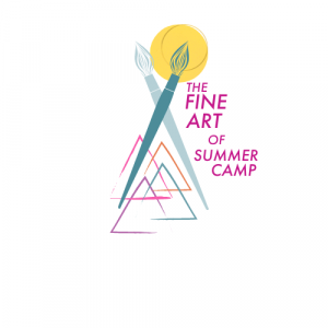 fine art of summer camp logo, a pen and a paintbrush criss cross each other over four colorful painted triangles