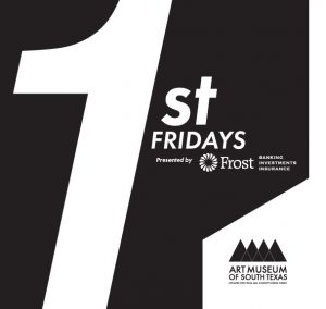 a giant white number 1 takes up the left side of image, the title "first friday" thanks to frost bank at art museum of south texas. 
