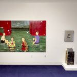 a painting of four people half in water but fully clothed hangs on the gallery wall
