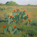 giant sprawling prickly pear cactus takes up the main focus of painting covered in red blossoms