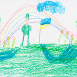 child's drawing of a soldier in a field with a rainbow behind him